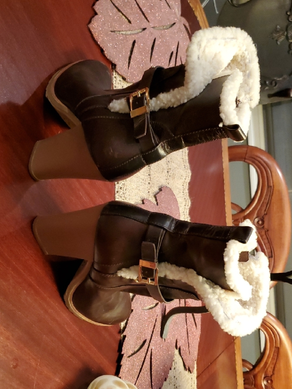 Michael Kors Women's Brown Leather Mid Calf 4in Heel Boots Shearling Distressed - Picture 13 of 15